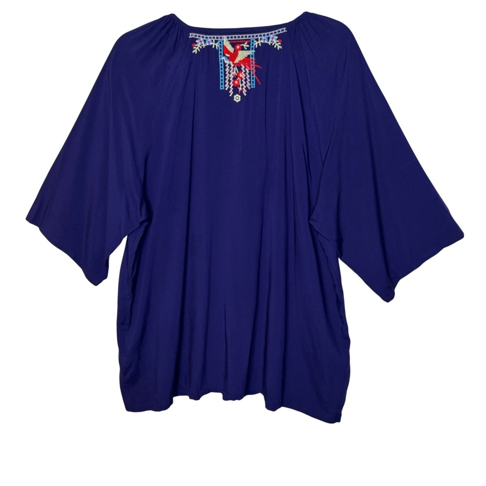 Navy Blue Embroidered Floral Boho 100% Cotton Blouse Top 1XL 3/4 Sleeve Peasant - Picture 2 of 13